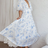 Summer Land V-Neckline Midi Dress Printed White