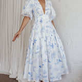 Summer Land V-Neckline Midi Dress Printed White
