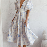 Summer Land V-Neckline Midi Dress Printed White
