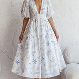 Summer Land V-Neckline Midi Dress Printed White