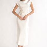 Loveland Pleat Cowl Back Midi Dress Oyster
