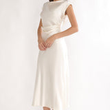 Loveland Pleat Cowl Back Midi Dress Oyster