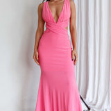 High Life Plunging Neckline Maxi Dress Hot Pink
