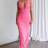 High Life Plunging Neckline Maxi Dress Hot Pink