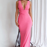 High Life Plunging Neckline Maxi Dress Hot Pink