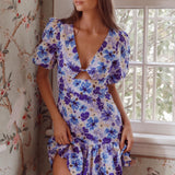 Jemilia Cut-Out Bust Flounce Mini Dress Floral Blue