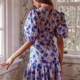 Jemilia Cut-Out Bust Flounce Mini Dress Floral Blue