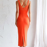 Charice Mesh Bodice Overlay Midi Dress Orange