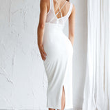 Charice Mesh Bodice Overlay Midi Dress White