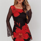 Isabella Long Sleeve Backless Mini Dress Hibiscus Black