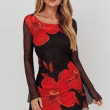Isabella Long Sleeve Backless Mini Dress Hibiscus Black