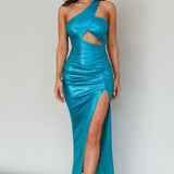 Zephir One-Shoulder Split Midi Dress Aqua