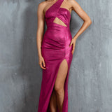 Zephir One-Shoulder Split Midi Dress Fuchsia