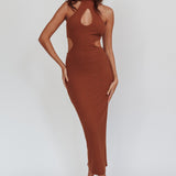 Estella Keyhole Ribbed Midi Dress Brown