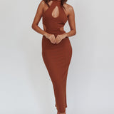 Estella Keyhole Ribbed Midi Dress Brown