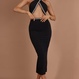 Vanna Diamante Trim Halterneck Dress Black