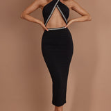 Vanna Diamante Trim Halterneck Dress Black