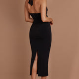 Vanna Diamante Trim Halterneck Dress Black