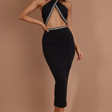 Vanna Diamante Trim Halterneck Dress Black