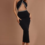 Vanna Diamante Trim Halterneck Dress Black