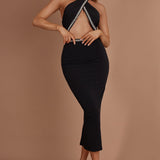 Vanna Diamante Trim Halterneck Dress Black