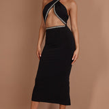 Vanna Diamante Trim Halterneck Dress Black