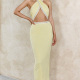 Vanna Diamante Trim Halterneck Dress Lemon