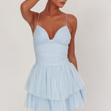 Nightingale Ruched Mesh Mini Dress Baby Blue