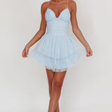 Nightingale Ruched Mesh Mini Dress Baby Blue