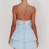 Nightingale Ruched Mesh Mini Dress Baby Blue
