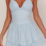 Nightingale Ruched Mesh Mini Dress Baby Blue