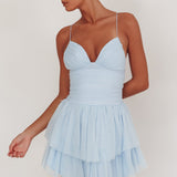 Nightingale Ruched Mesh Mini Dress Baby Blue