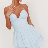 Nightingale Ruched Mesh Mini Dress Baby Blue
