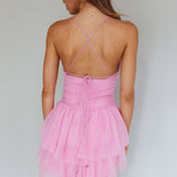 Nightingale Ruched Mesh Mini Dress Barbie Pink
