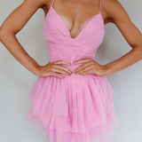 Nightingale Ruched Mesh Mini Dress Barbie Pink