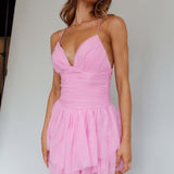 Nightingale Ruched Mesh Mini Dress Barbie Pink