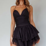 Nightingale Ruched Mesh Mini Dress Black