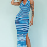 Azure Shores Knit Midi Dress Striped Blue