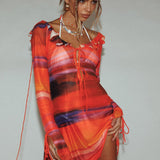 Bohemia Tied Bust Long Sleeve Dress Orange