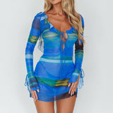 Bohemia Tied Bust Long Sleeve Dress Blue