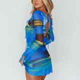 Bohemia Tied Bust Long Sleeve Dress Blue