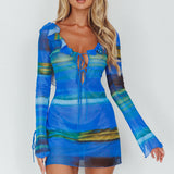 Bohemia Tied Bust Long Sleeve Dress Blue