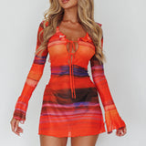 Bohemia Tied Bust Long Sleeve Dress Orange