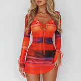 Bohemia Tied Bust Long Sleeve Dress Orange