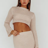 Bayside Long Sleeve Crochet Top Beige