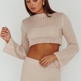 Bayside Long Sleeve Crochet Top Beige