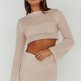 Bayside Long Sleeve Crochet Top Beige