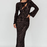 Novalie Long Sleeve Velvet Print Midi Dress Black