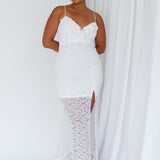 Evaleigh Frill Trim Lace Midi Dress White
