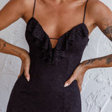 Evaleigh Frill Trim Lace Midi Dress Black